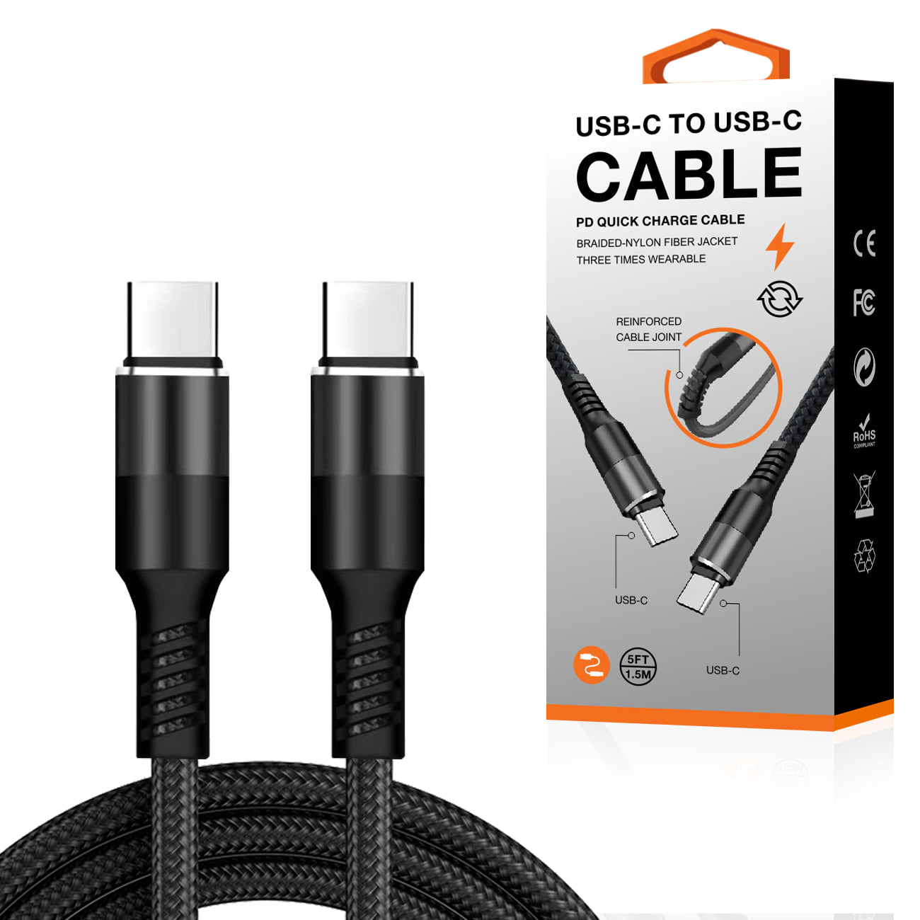 Power Delivery USB-C to C Fast Charging & Sync Nylon- Braided 5FT Cable in Black - Premium & Reliable