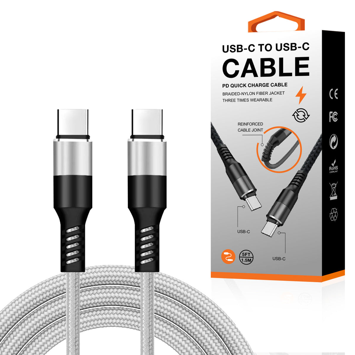 Power Delivery USB-C to C Fast Charging & Sync Nylon- Braided 5FT Cable in Silver - Crystal Clear & Reliable
