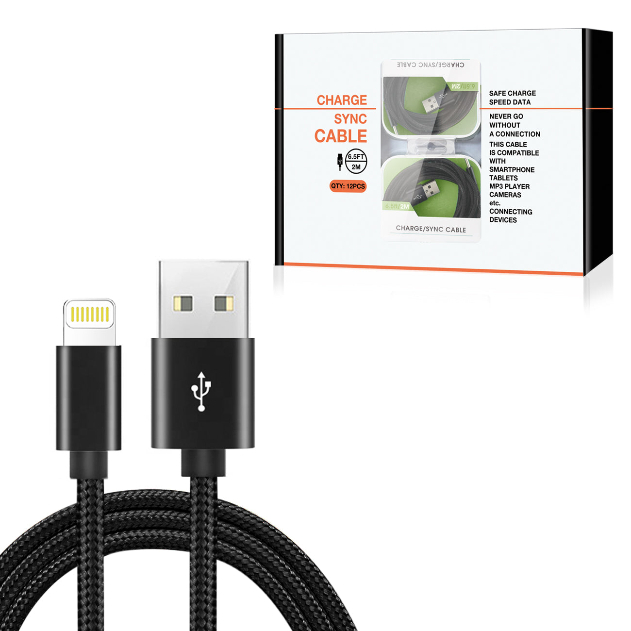 8-PIN Fast Charge/Sync Cable 6.5 ft In Black - Durable & Reliable