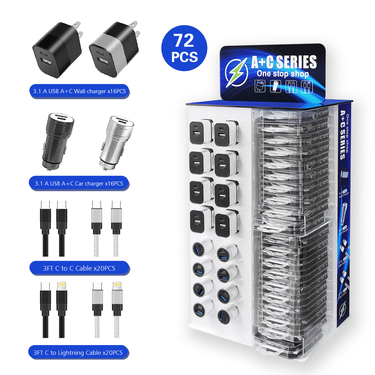 2.4A USB A + C WALL /charger 3.1 A usb a+ c car charger /3 ft c to c cable /3ft c to lightning cable in counter display total 72pcs - Crystal Clear & Reliable