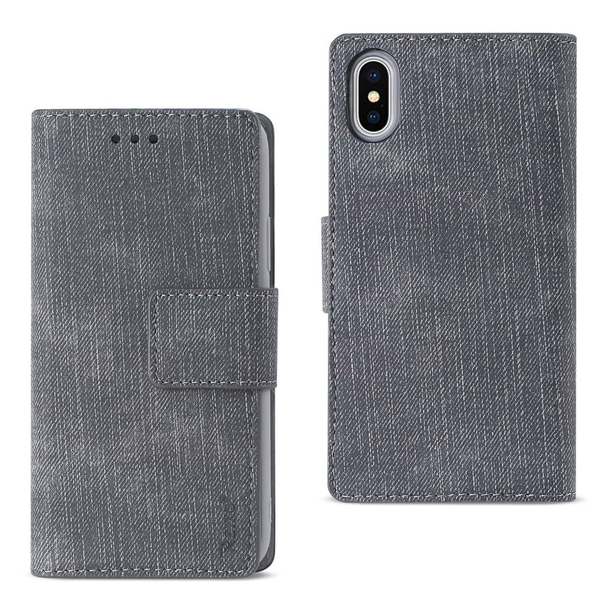 iPhone X/iPhone XS DENIM WALLET CASE WITH GUMMY INNER SHELL AND KICKSTAND FUNCTION IN GRAY - Premium & Reliable