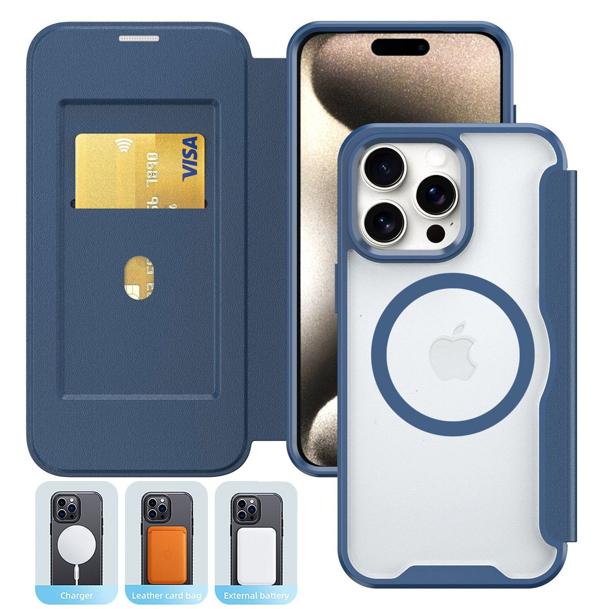 iPhone 16 Pro Compatible PU Leather Magnetic Flap Phone Case with Magsafe In Navy For iPhone 16 Pro Max (FC37-IPH16MAXNV) - Heavy Duty Protection by