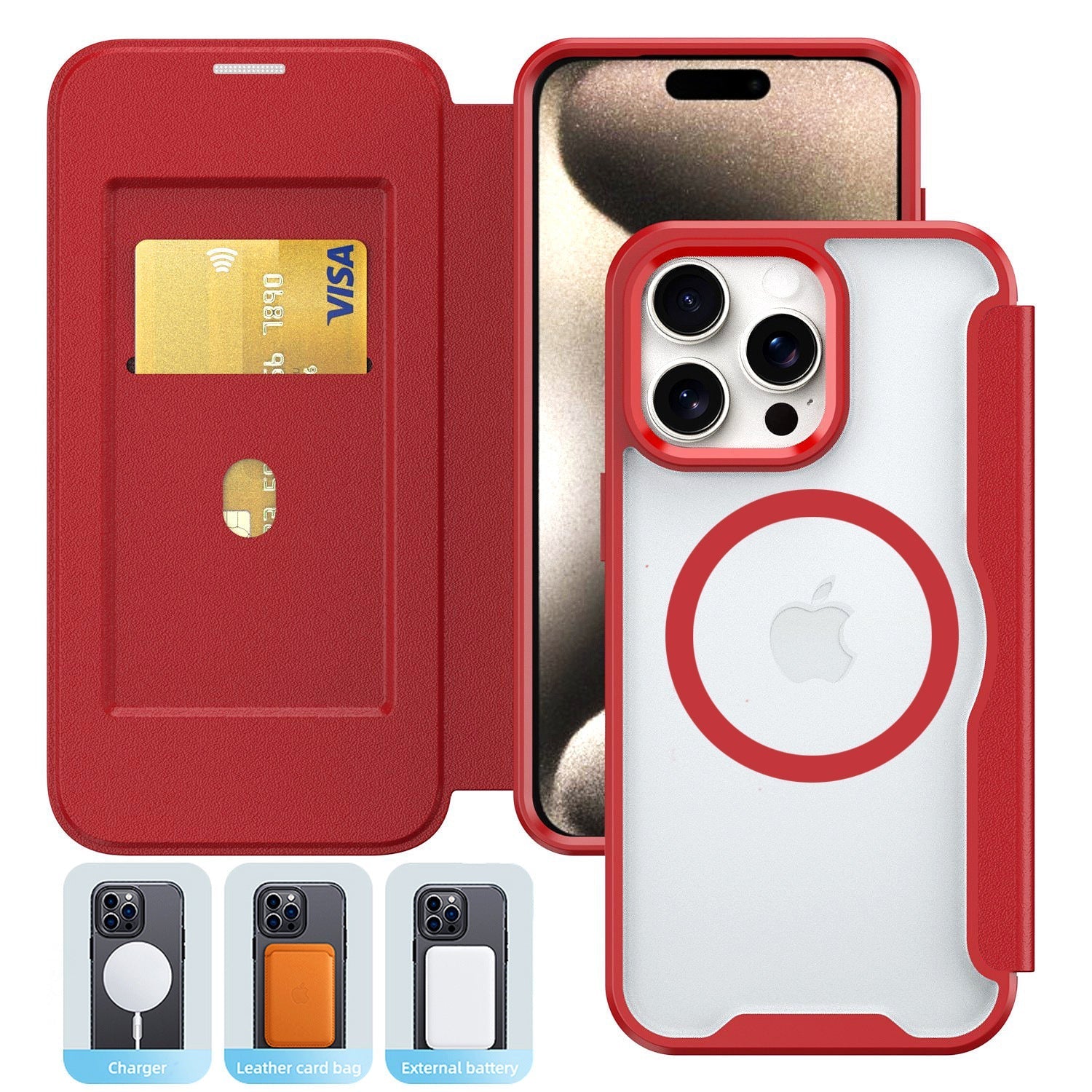 iPhone 16 Pro Compatible PU Leather Magnetic Flap Phone Case with Magsafe In Red For iPhone 16 Pro Max (FC37-IPH16MAXRD) - Ultra-Slim Protection by