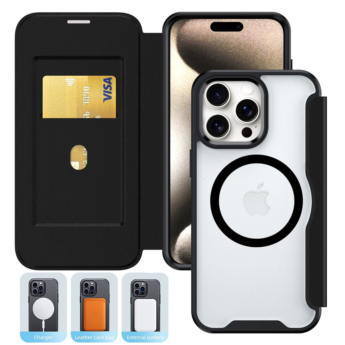 iPhone 16 Pro Compatible PU Leather Magnetic Flap Phone Case with Magsafe In Black For iPhone 16 Pro (FC37-IPH16PROBK) - Heavy Duty Protection by
