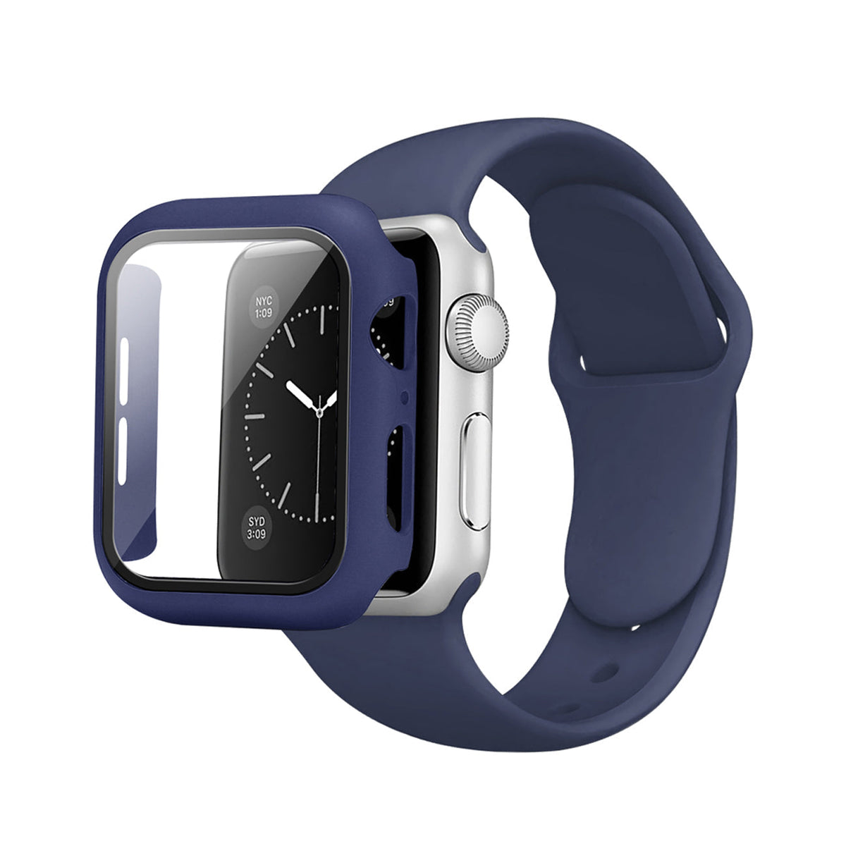 Navy Color PC Watch Case With Glass Screen Protector and Silicone Watch Band for Apple Watch 38mm - Durable & Reliable