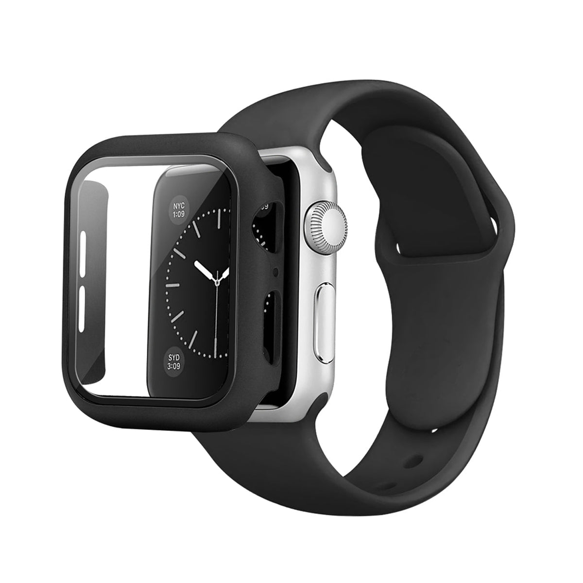 Black Color PC Watch Case With Glass Screen Protector and Silicone Watch Band for Apple Watch 40mm - Crystal Clear & Reliable