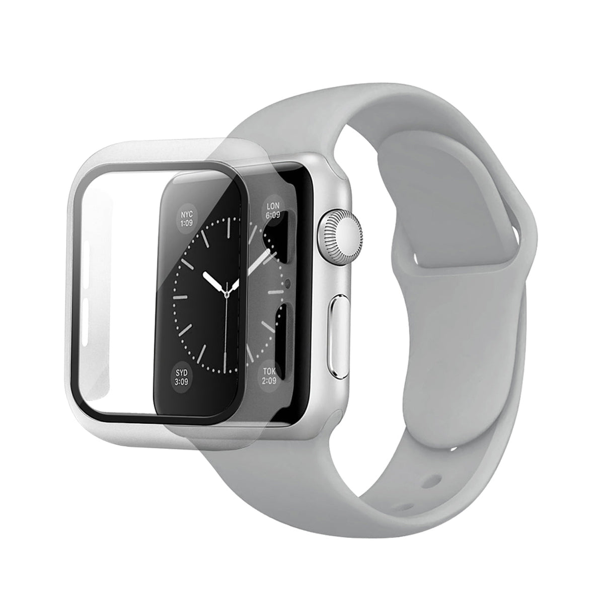 Gray Color PC Watch Case With Glass Screen Protector and Silicone Watch Band for Apple Watch 41mm - Crystal Clear & Reliable
