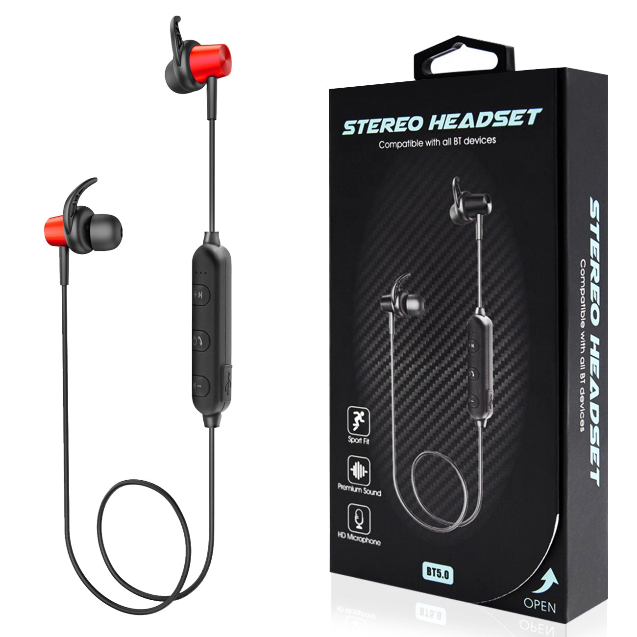 Magnetic Bluetooth Earphone Headset With Mic In Red HSBT01-UNIRD - Heavy Duty & Reliable