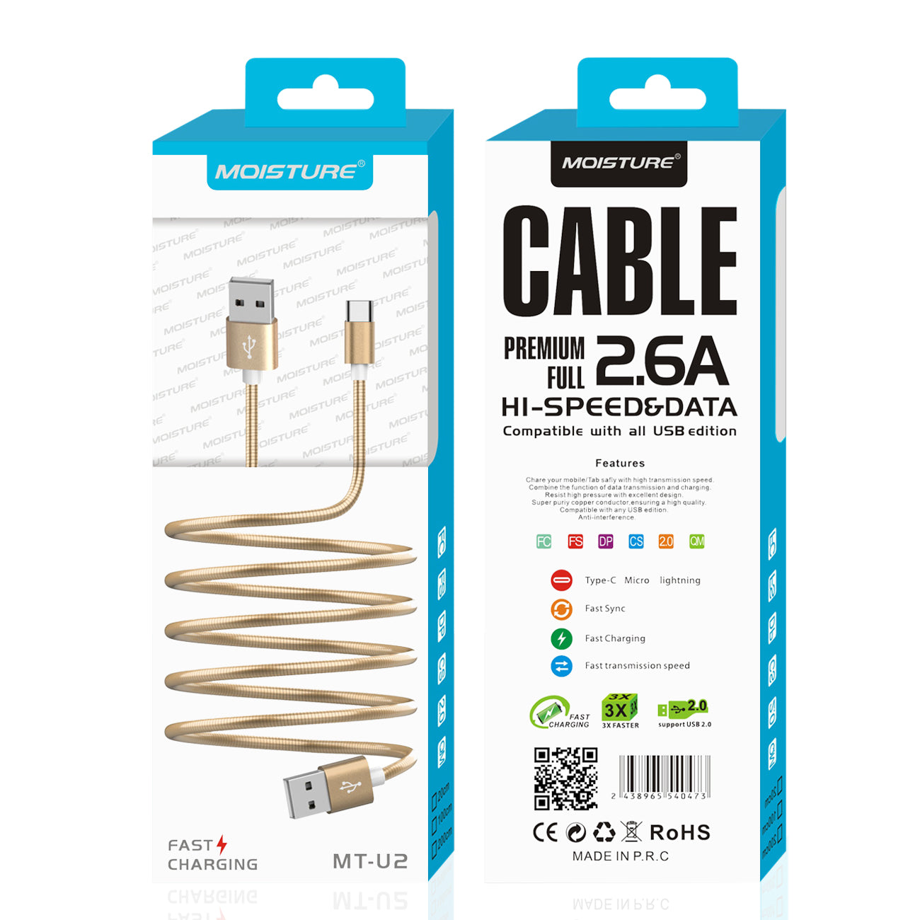 Moisture 2.6A Premium Full Hi-Speed USB A To USB Type C Data Cable In Gold - Crystal Clear & Reliable