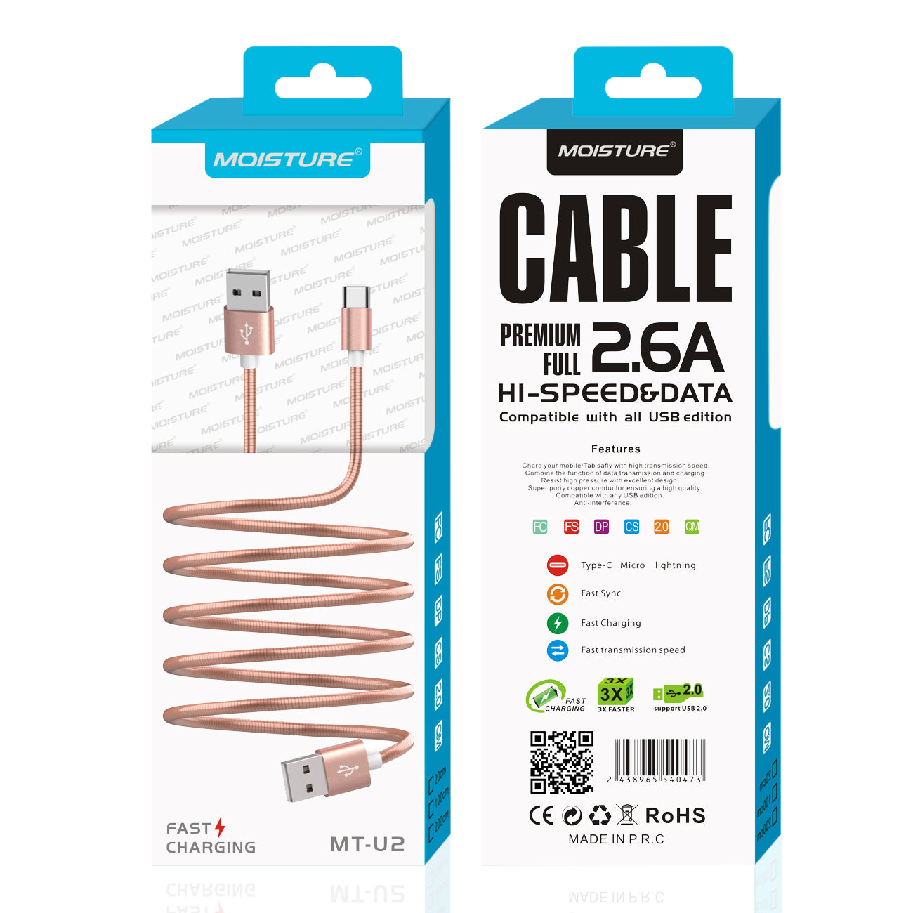 Moisture 2.6A Premium Full Hi-Speed USB A To USB Type C Data Cable In Pink - Heavy Duty & Reliable