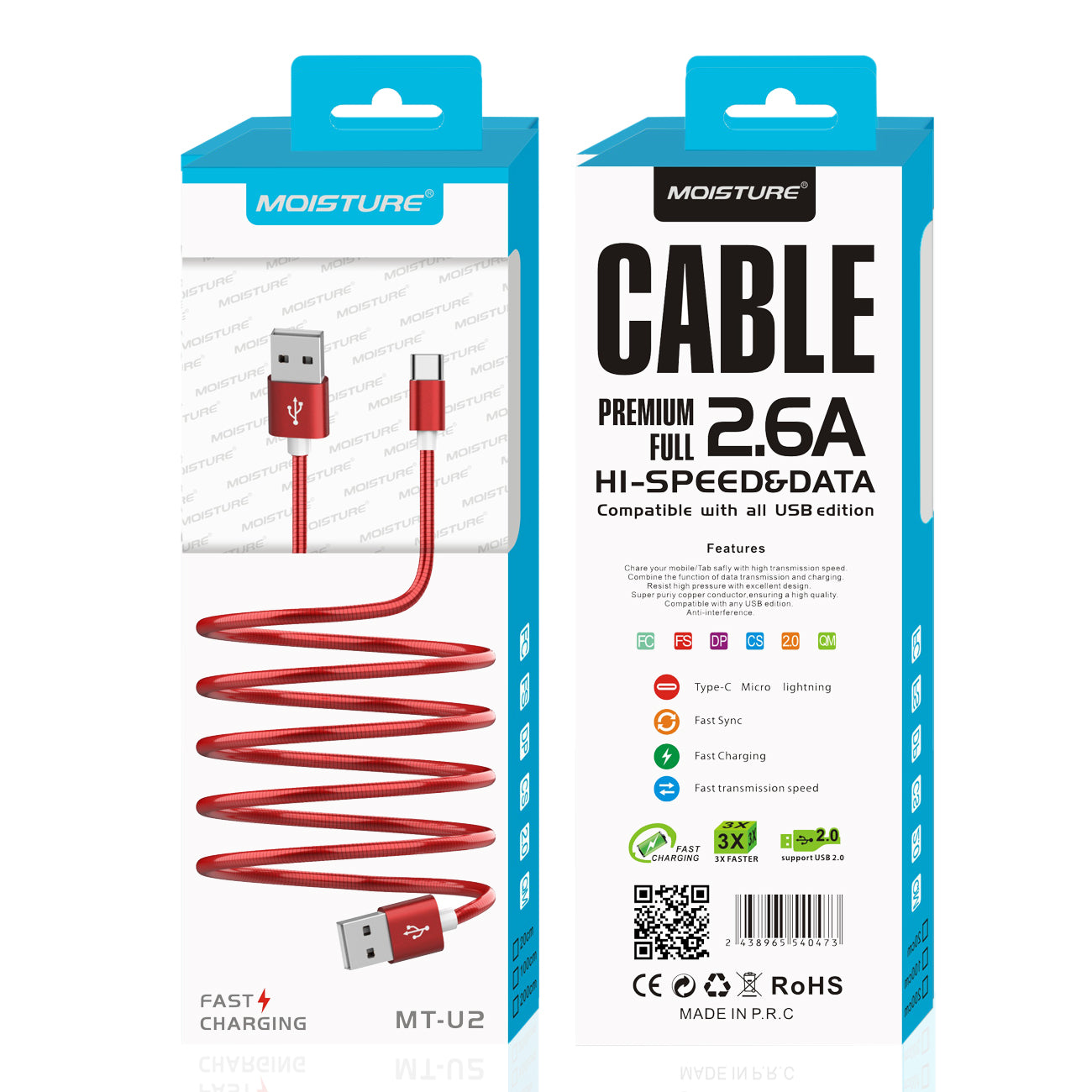 Moisture 2.6A Premium Full Hi-Speed USB A To USB Type C Data Cable In Red - Durable & Reliable