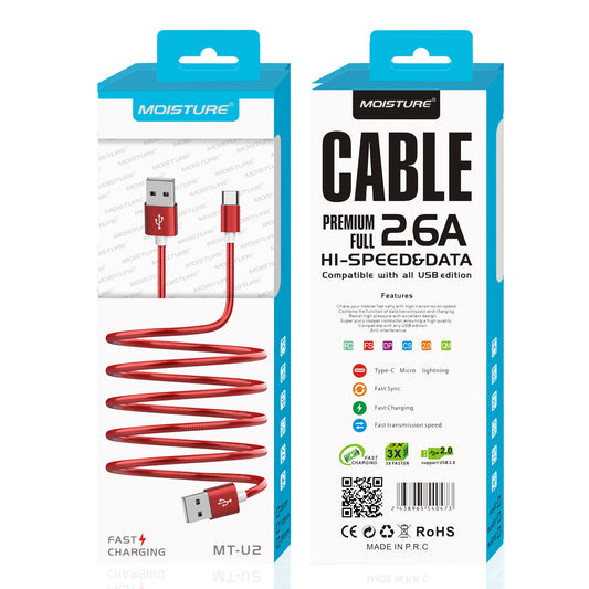 Moisture 2.6A Premium Full Hi-Speed USB A To USB Type C Data Cable In Red - Durable & Reliable
