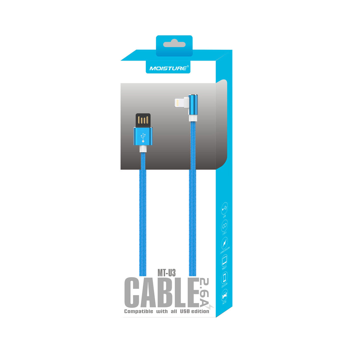 Moisture 2.6A Premium Full Steel USB TO 8PIN Cable In Blue - Heavy Duty & Reliable
