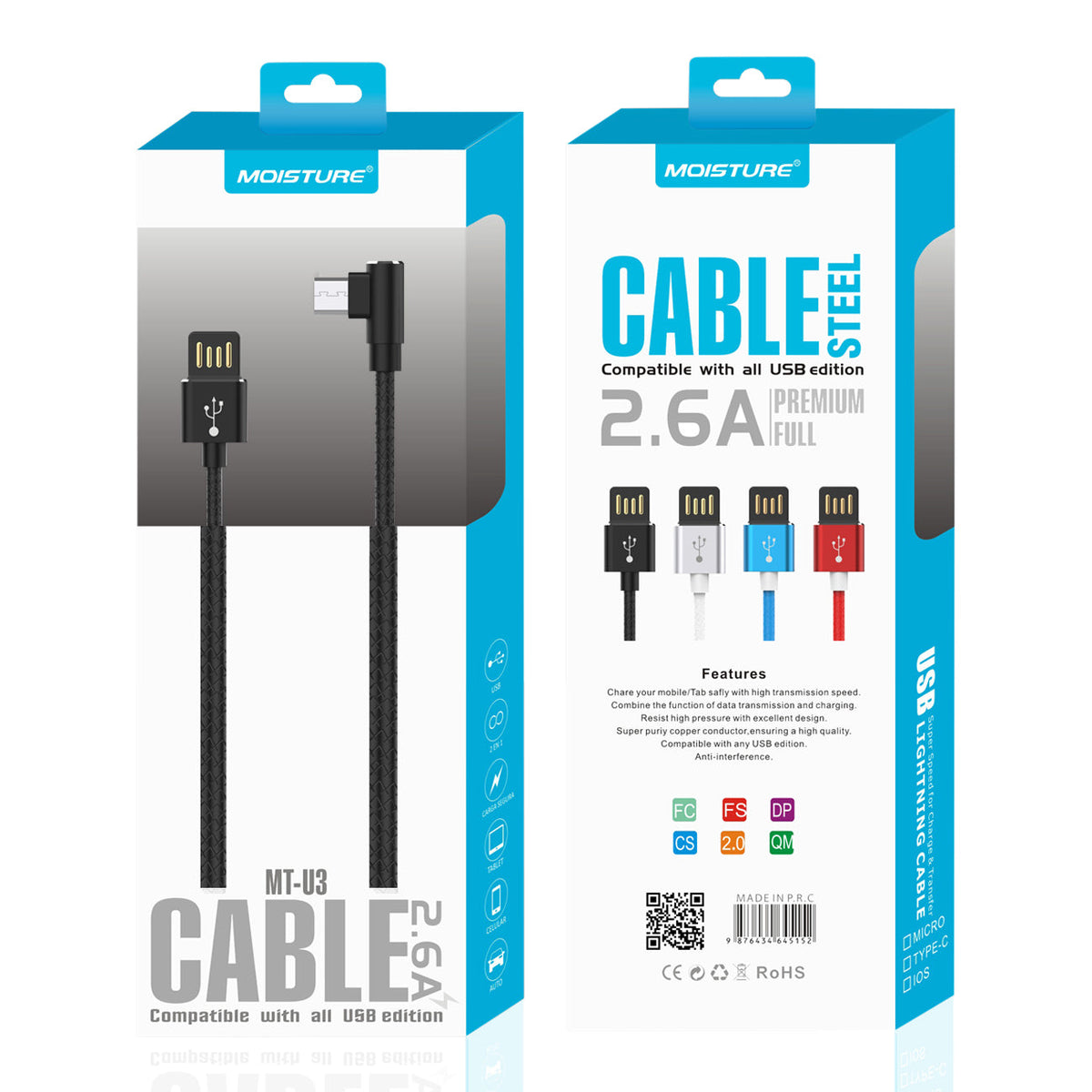 Moisture 2.6A Premium Full Steel USB To Micro Cable In Black - Crystal Clear & Reliable