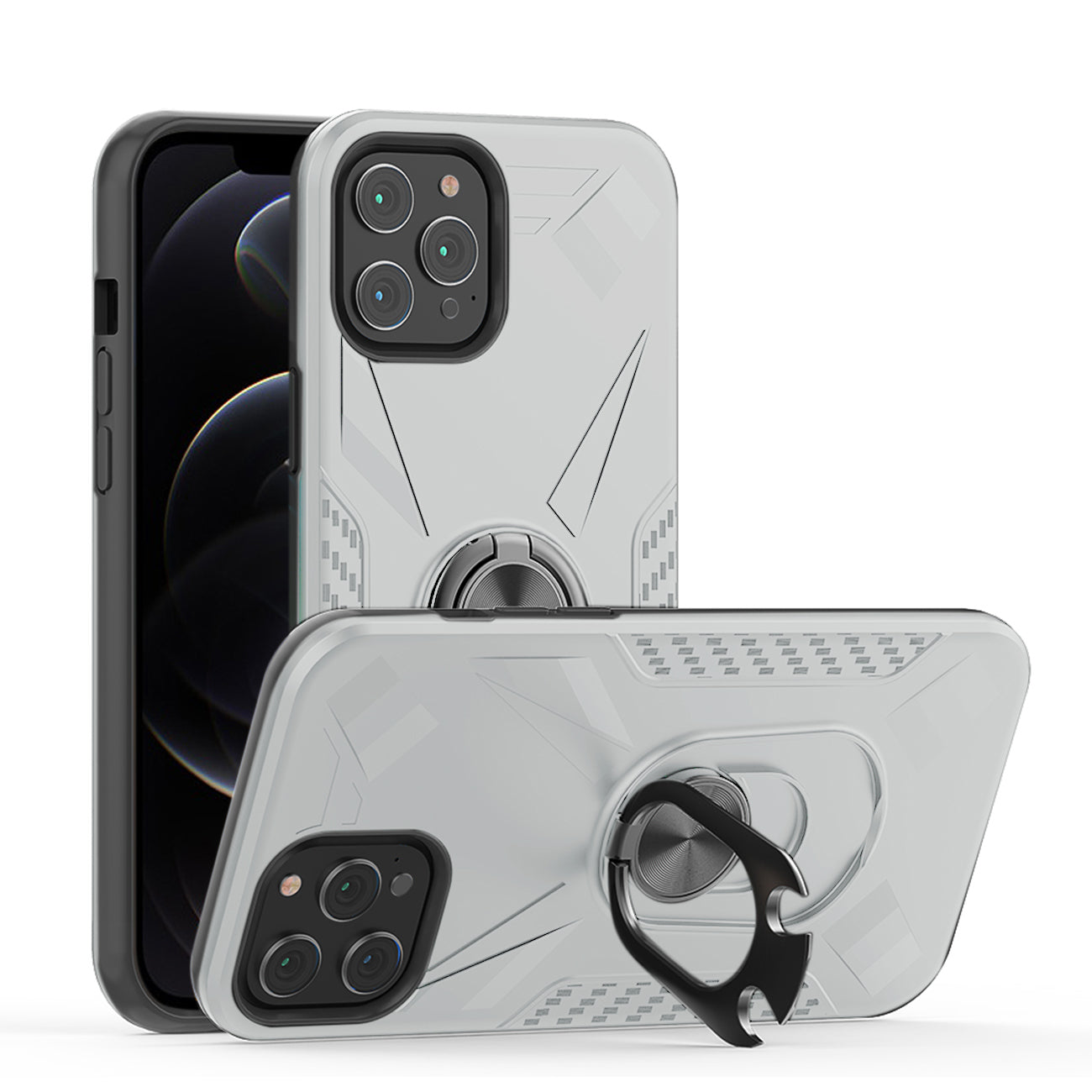 IPHONE 12 Compatible APPLE IPHONE 12 /IPHONE 12 PRO Case with Ring Holder In Silver - Shockproof Protection by