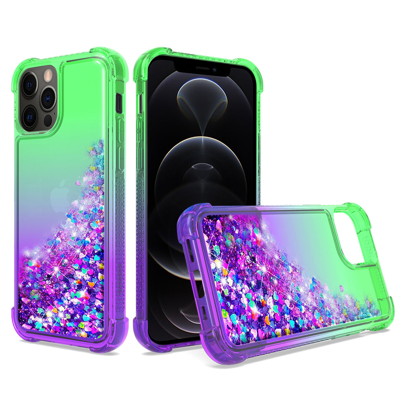 IPHONE 12 PRO Compatible Shiny Flowing Glitter Liquid Bumper Case For APPLE IPHONE 12 PRO MAX In Green - Ultra-Slim Protection by