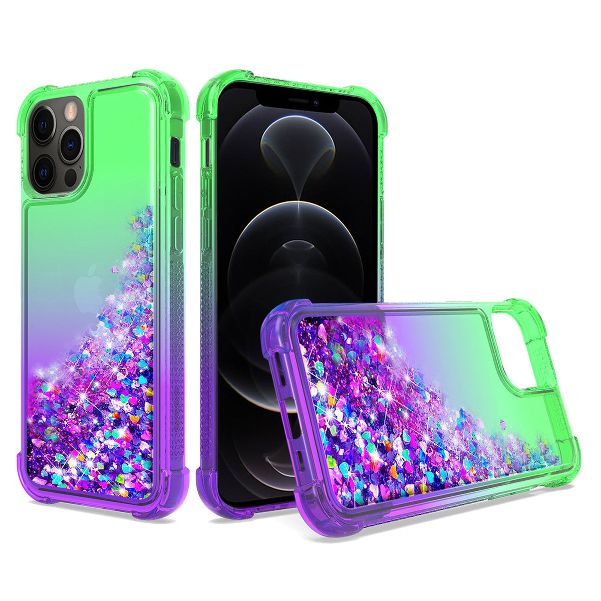IPHONE 12 Compatible Shiny Flowing Glitter Liquid Bumper Case For APPLE IPHONE 12/IPHONE 12 PRO In Green - Ultra-Slim Protection by