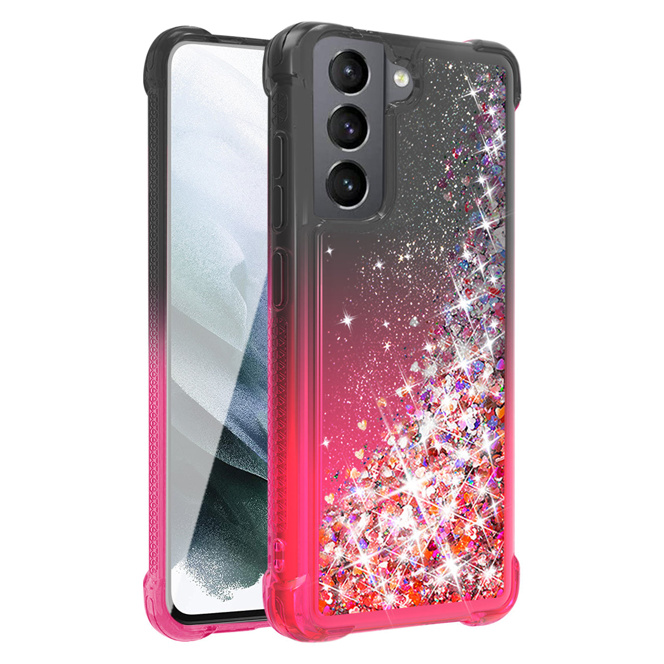 Shiny Flowing Glitter Liquid Bumper Case For Galaxy S21 FE In Black - Crystal Clear & Reliable