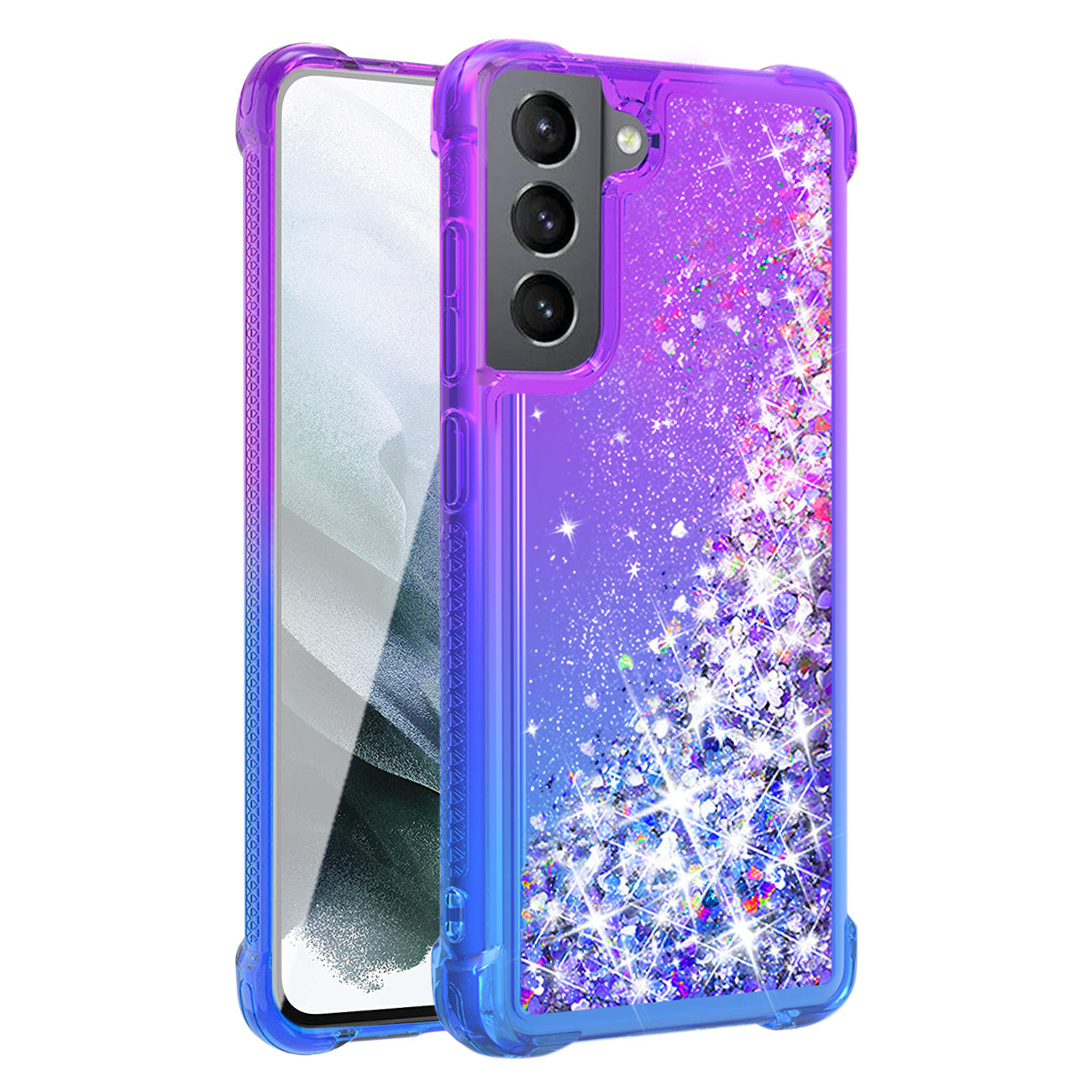 Shiny Flowing Glitter Liquid Bumper Case For Galaxy S21 FE In Purple - Shockproof & Reliable