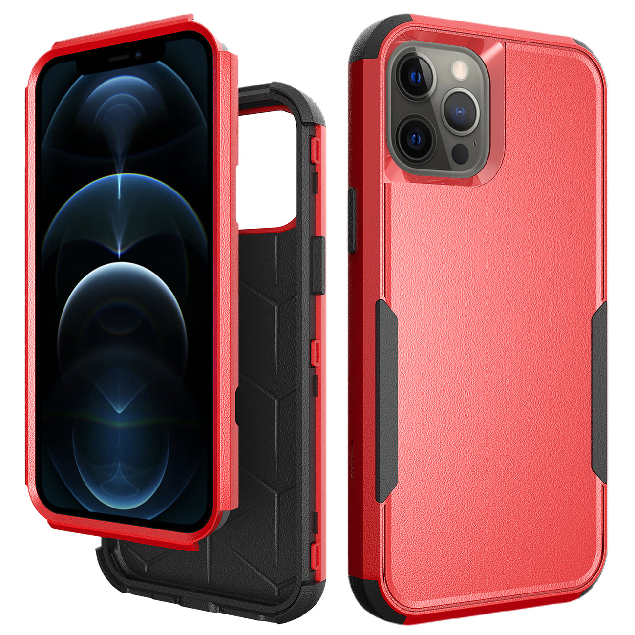 IPHONE 12 PRO Compatible 3in1 Hybrid Heavy Duty Defender Rugged Armor Case For APPLE IPHONE 12 PRO MAX In Red - Heavy Duty Protection by