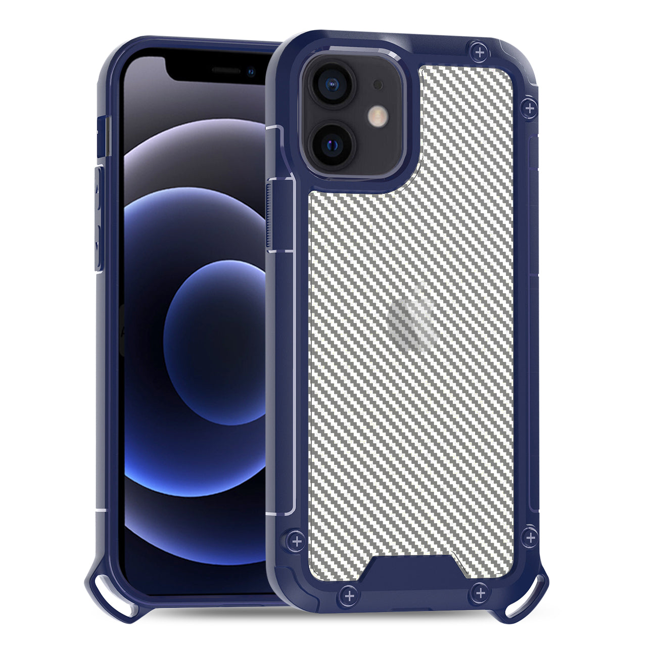 iPhone 12 Mini Compatible Shockproof PC Bumper Case With Carbon Fiber Pattern In Navy For iPhone 12 Mini - Heavy Duty Protection by