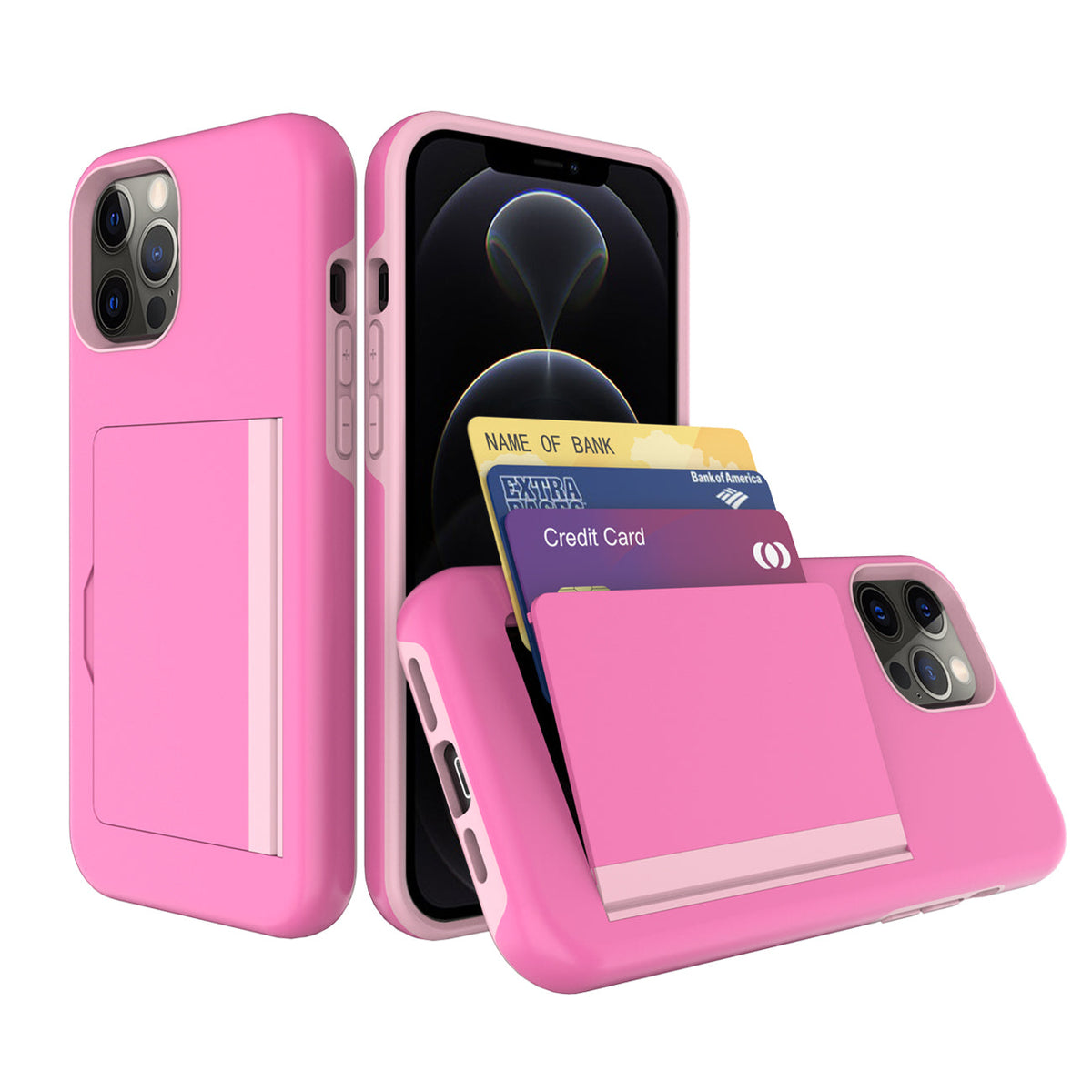 iPhone 12 Pro Compatible TPU PC Hybrid 2-in-1 Flip Card Holder Phone Case for Apple iPhone 12 Pro Max In Pink - Heavy Duty Protection by