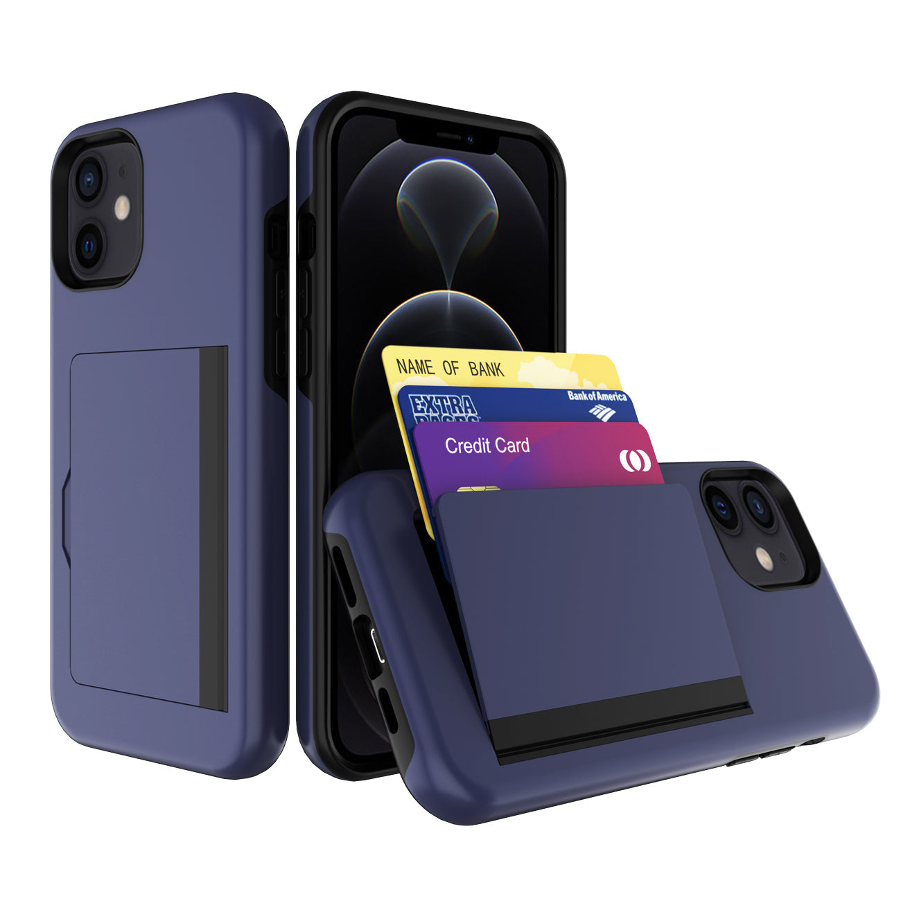 iPhone 12 Mini Compatible TPU PC Hybrid 2-in-1 Flip Card Holder Phone Case for Apple iPhone 12 Mini In Navy - Premium Protection by