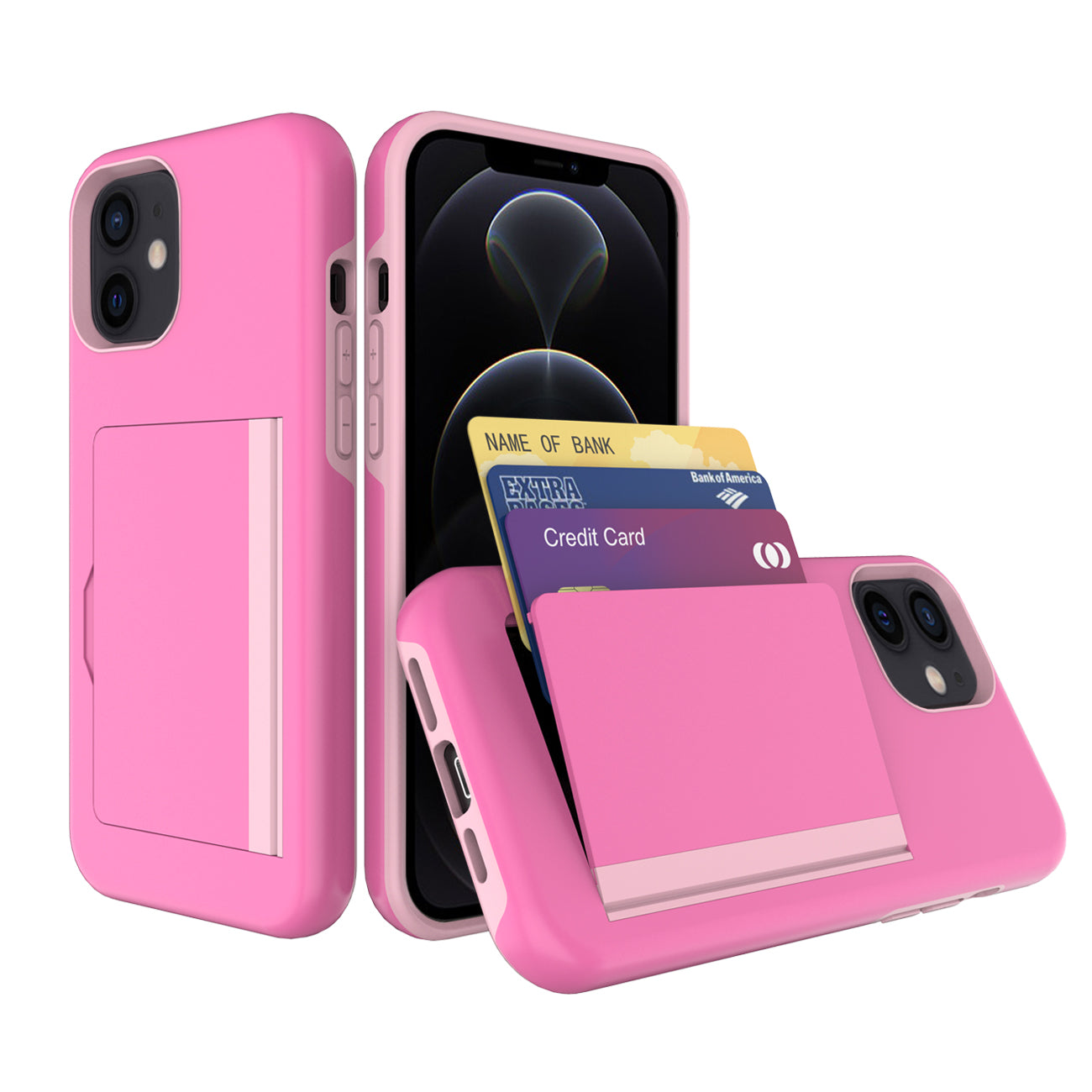 iPhone 12 Mini Compatible TPU PC Hybrid 2-in-1 Flip Card Holder Phone Case for Apple iPhone 12 Mini In Pink - Shockproof Protection by
