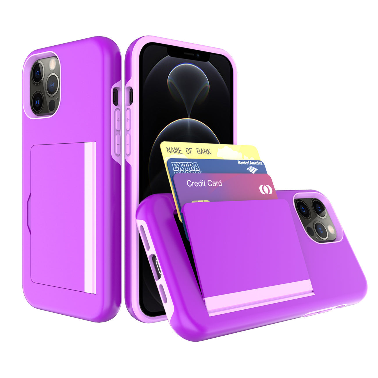 iPhone 12 Compatible TPU PC Hybrid 2-in-1 Flip Card Holder Phone Case for Apple iPhone 12 / 12 Pro In Purple - Durable Protection by