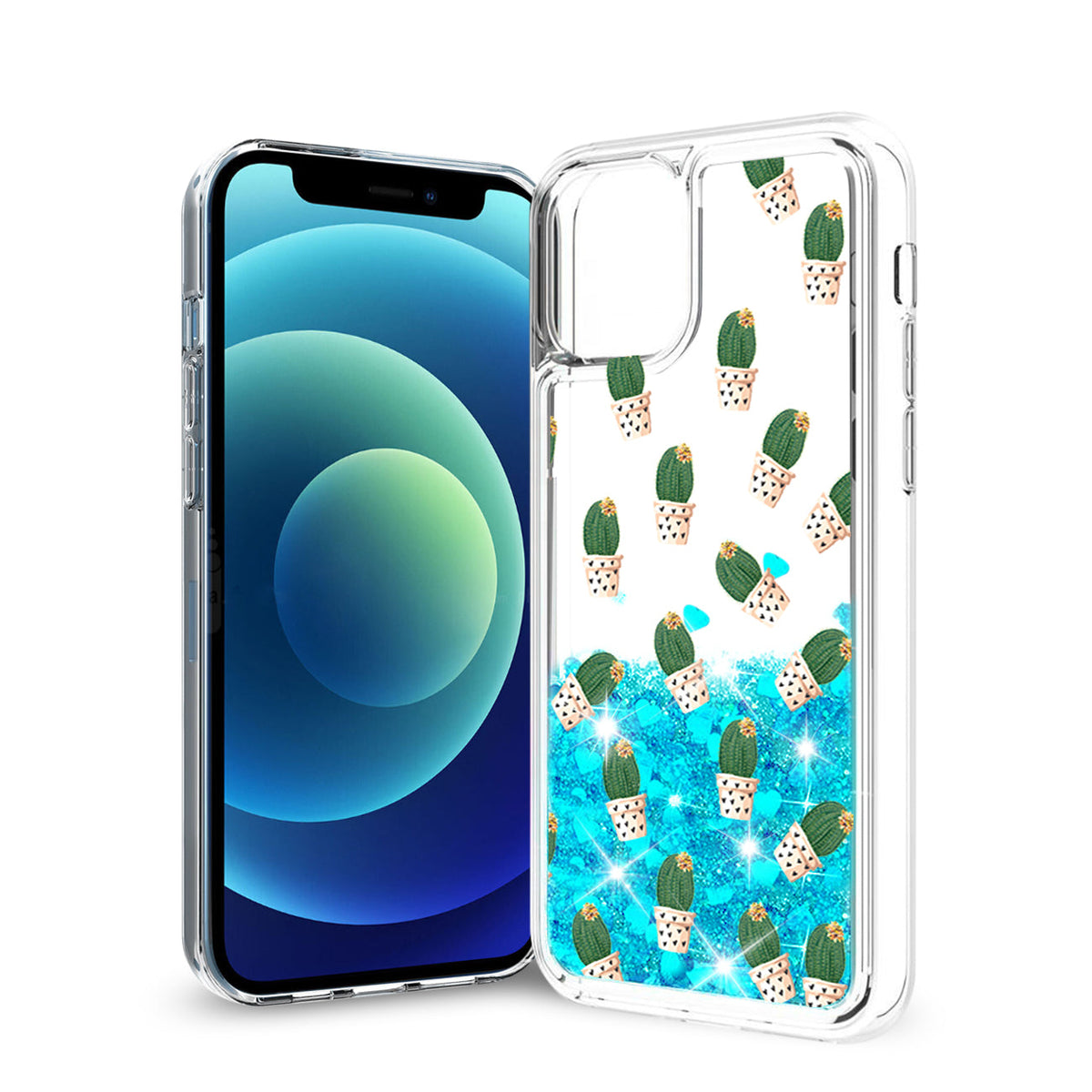 iPhone 12 Mini Glitter Case Moving Quicksand Blue Cactus - Crystal Clear & Reliable