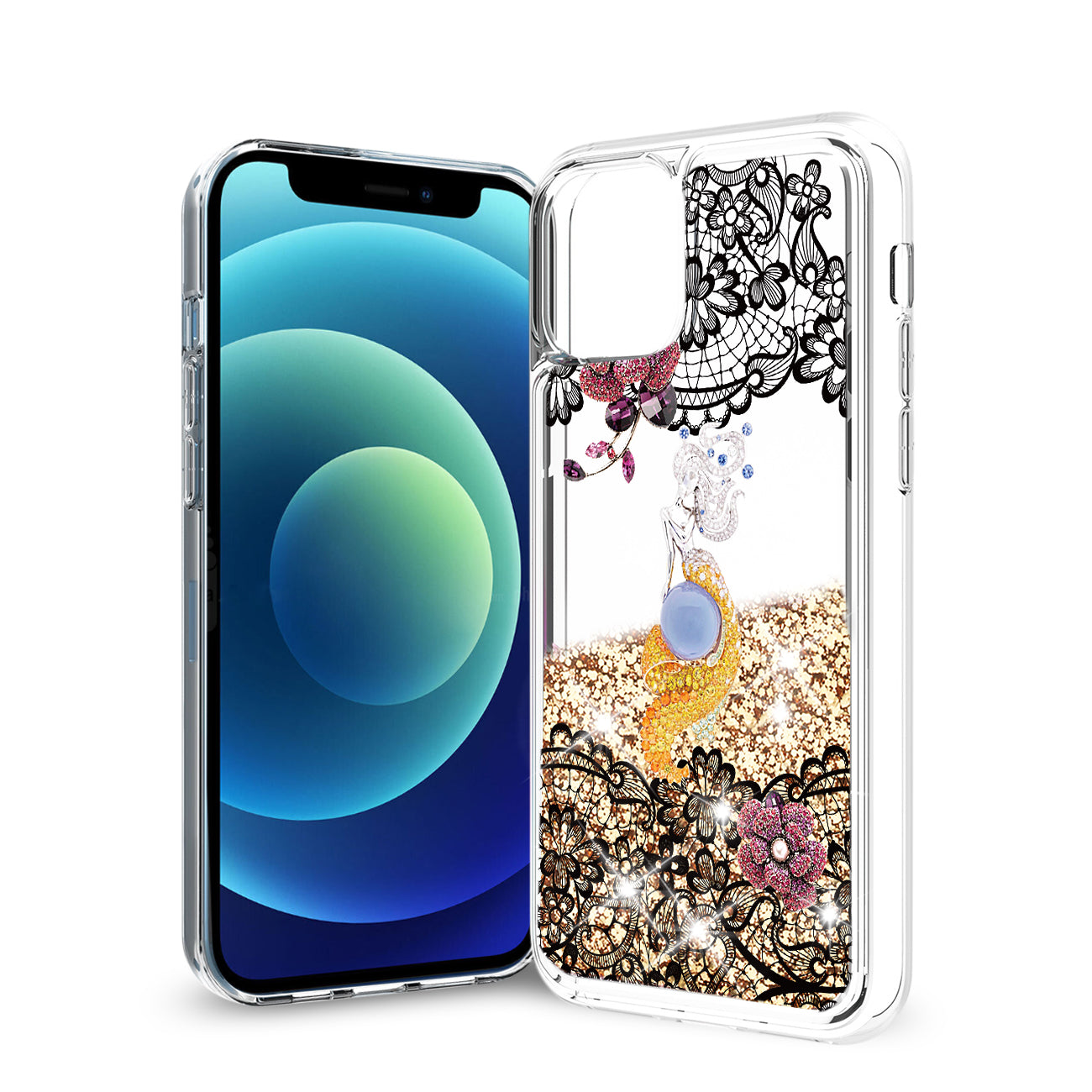 iPhone 12 Mini Glitter Case Moving Quicksand Gold Floral Mermaid - Heavy Duty & Reliable