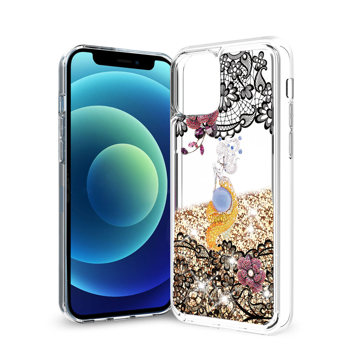 iPhone 12 Mini Glitter Case Moving Quicksand Gold Floral Mermaid - Heavy Duty & Reliable