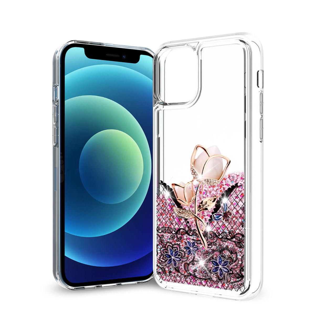 iPhone 12 Mini Glitter Case Moving Quicksand Rainbow Floral - Heavy Duty & Reliable