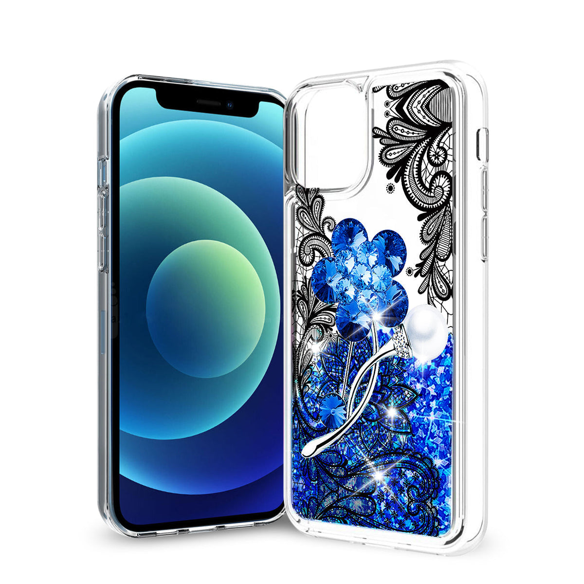 iPhone 12 Mini Glitter Case Moving Quicksand Navy Floral - Heavy Duty & Reliable
