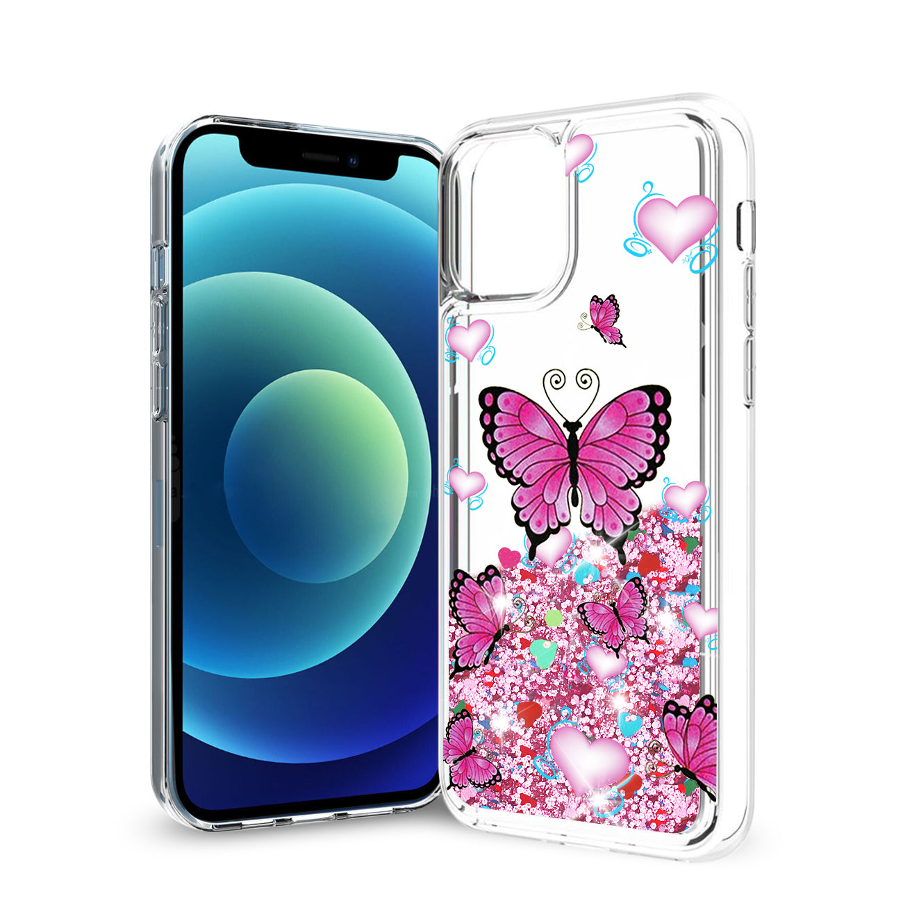 iPhone 12 Mini Glitter Case Moving Quicksand Pink Butterfly - Ultra-Slim & Reliable