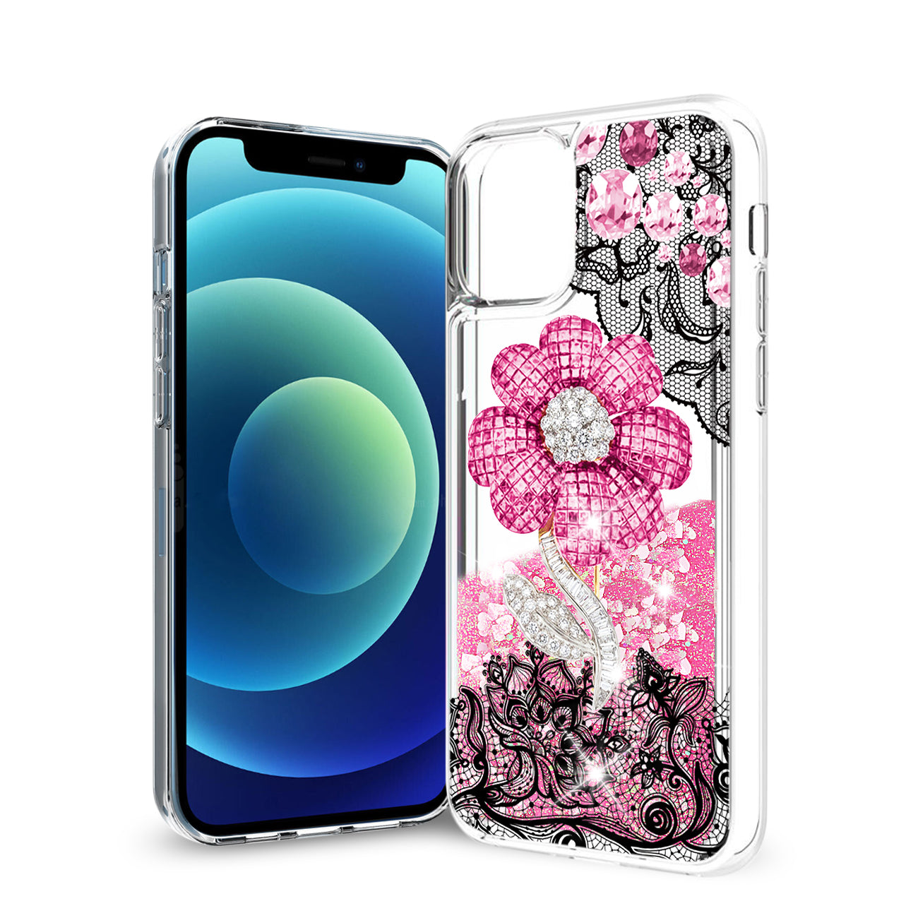 iPhone 12 Mini Glitter Case Moving Quicksand Pink Floral - Durable & Reliable