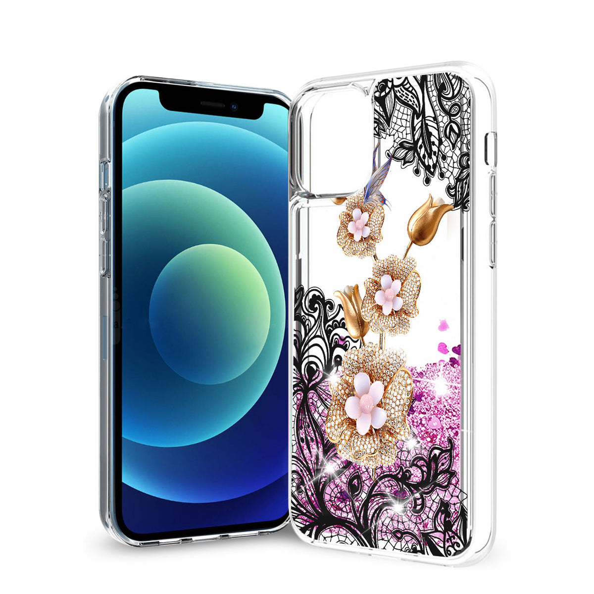 iPhone 12 Mini Glitter Case Moving Quicksand Pink Floral Gold Petals - Durable & Reliable