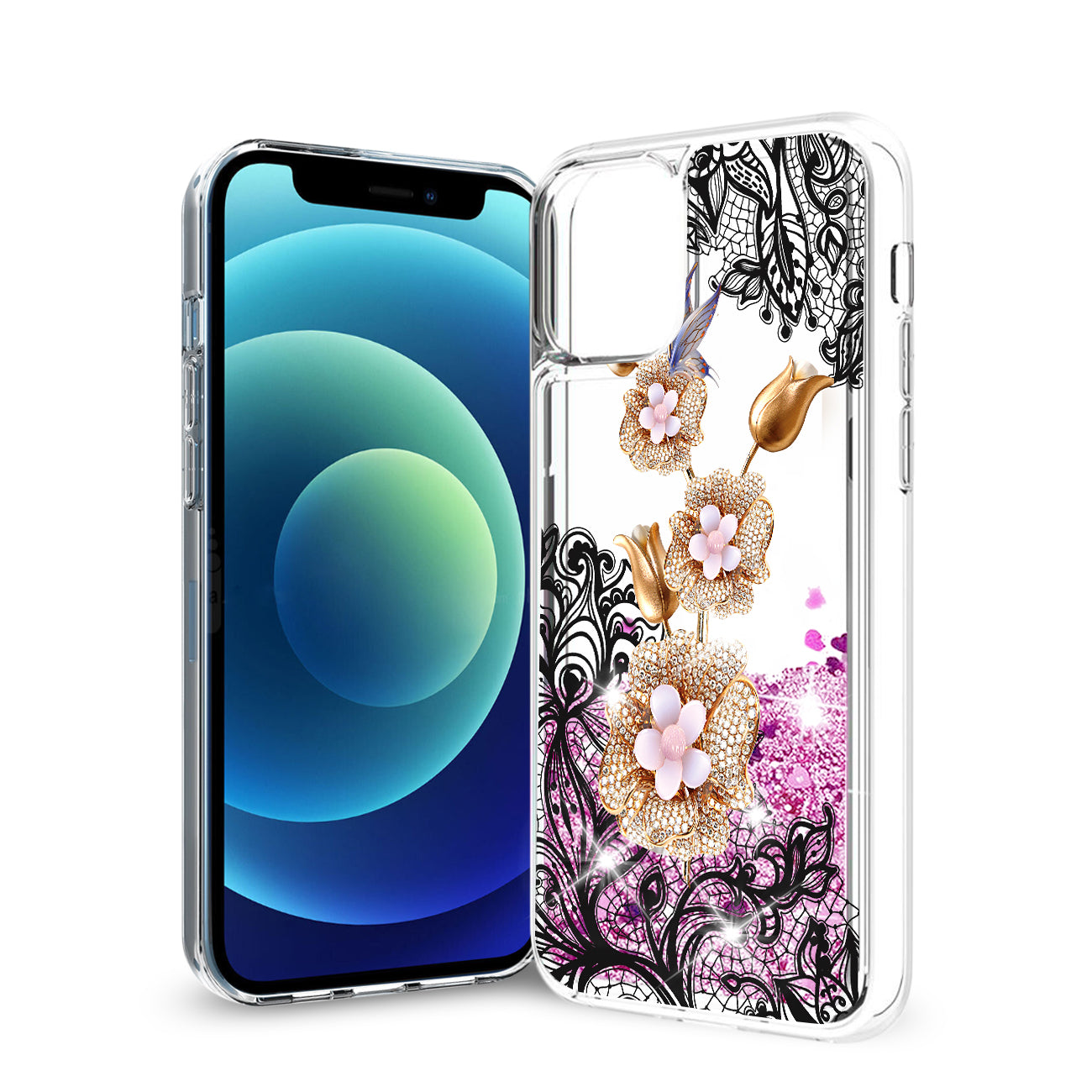 iPhone 12 Mini Glitter Case Moving Quicksand Pink Floral Gold Petals - Durable & Reliable