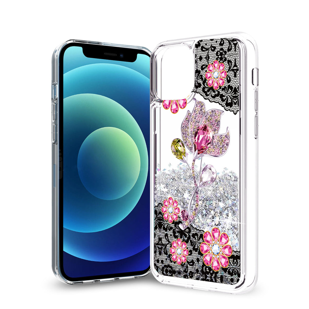 iPhone 12 Mini Glitter Case Moving Quicksand Silver Floral - Crystal Clear & Reliable