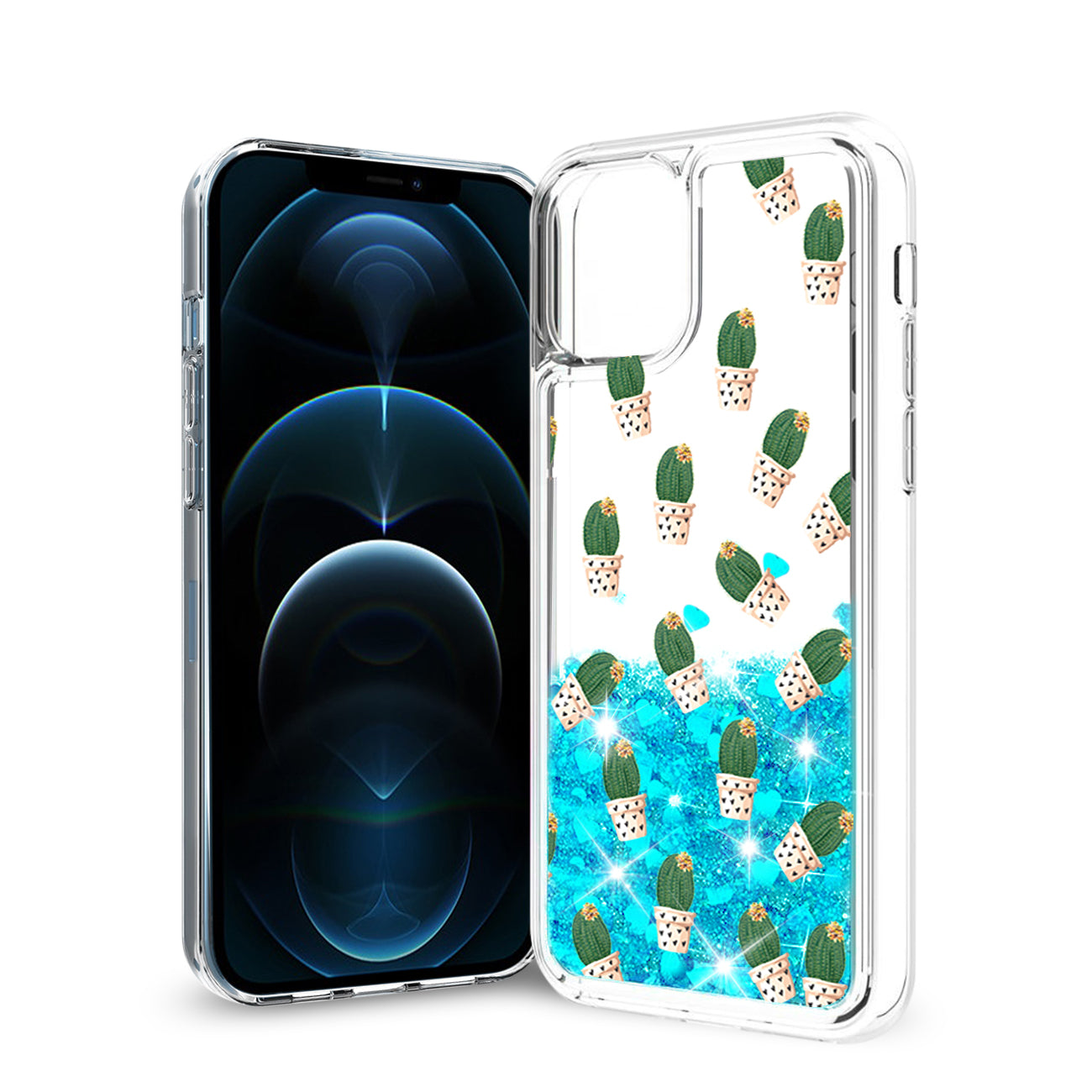 iPhone 12 / 12 Pro Glitter Case Moving Quicksand Blue Cactus - Shockproof & Reliable