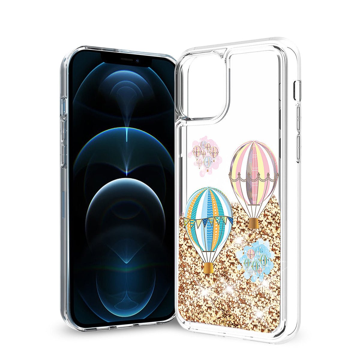 iPhone 12 / 12 Pro Glitter Case Moving Quicksand Gold Hot Air Balloons - Durable & Reliable