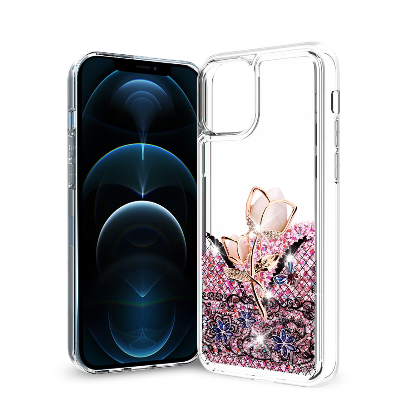 iPhone 12 / 12 Pro Glitter Case Moving Quicksand Rainbow Floral - Premium & Reliable