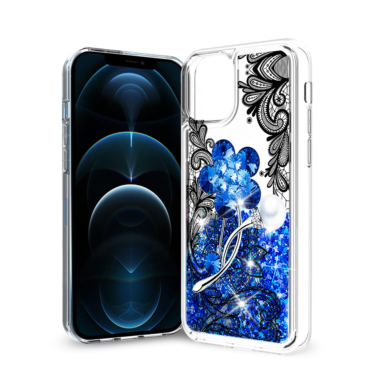 iPhone 12 / 12 Pro Glitter Case Moving Quicksand Navy Floral - Heavy Duty & Reliable