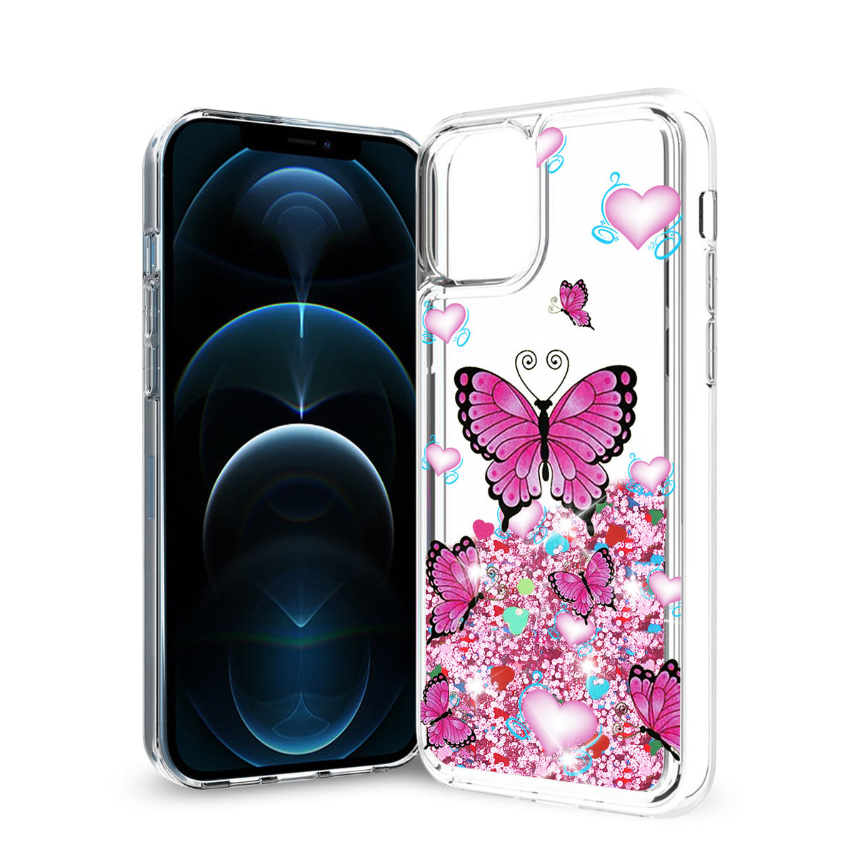 iPhone 12 / 12 Pro Glitter Case Moving Quicksand Pink Butterfly - Durable & Reliable