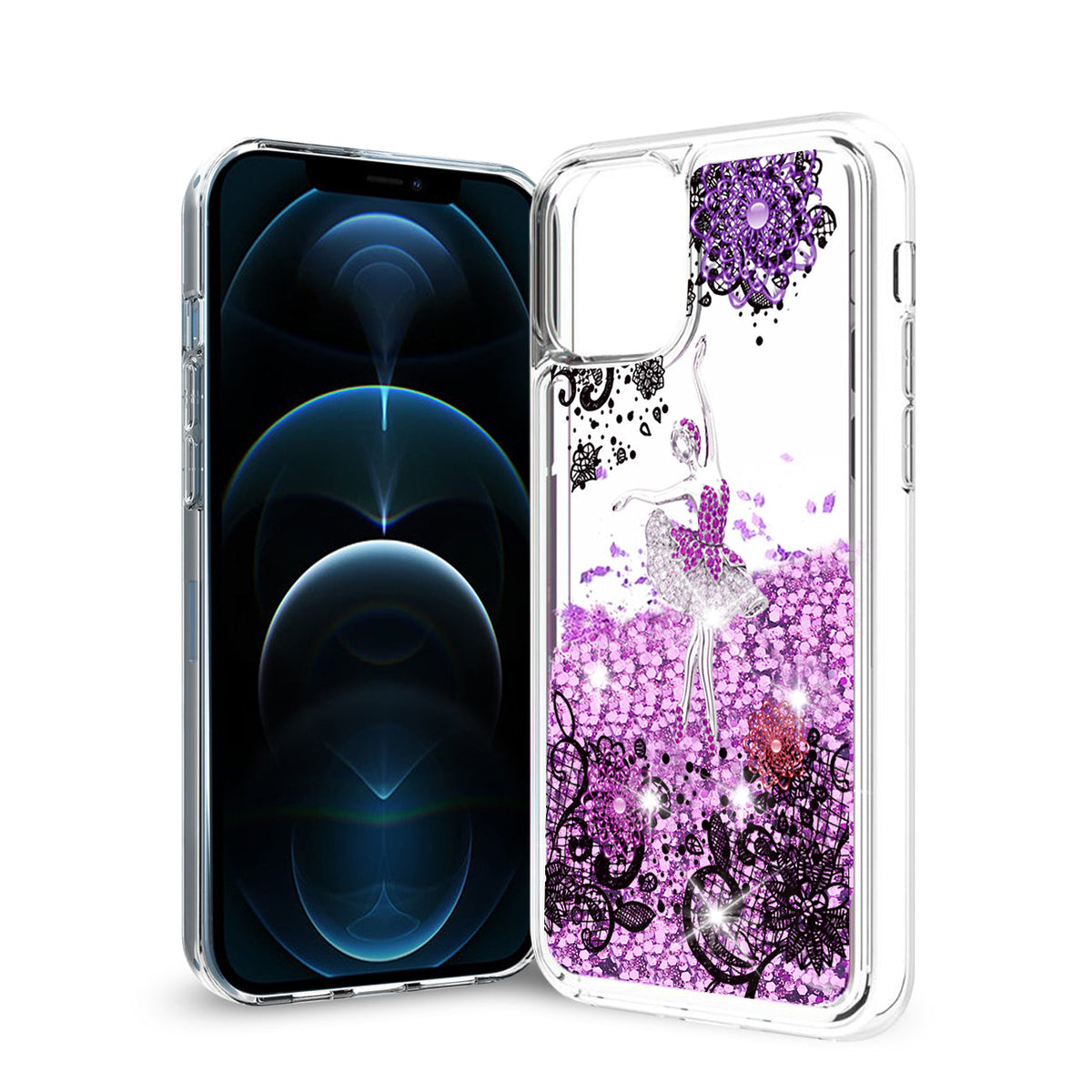 iPhone 12 / 12 Pro Glitter Case Moving Quicksand Purple Ballerina - Ultra-Slim & Reliable