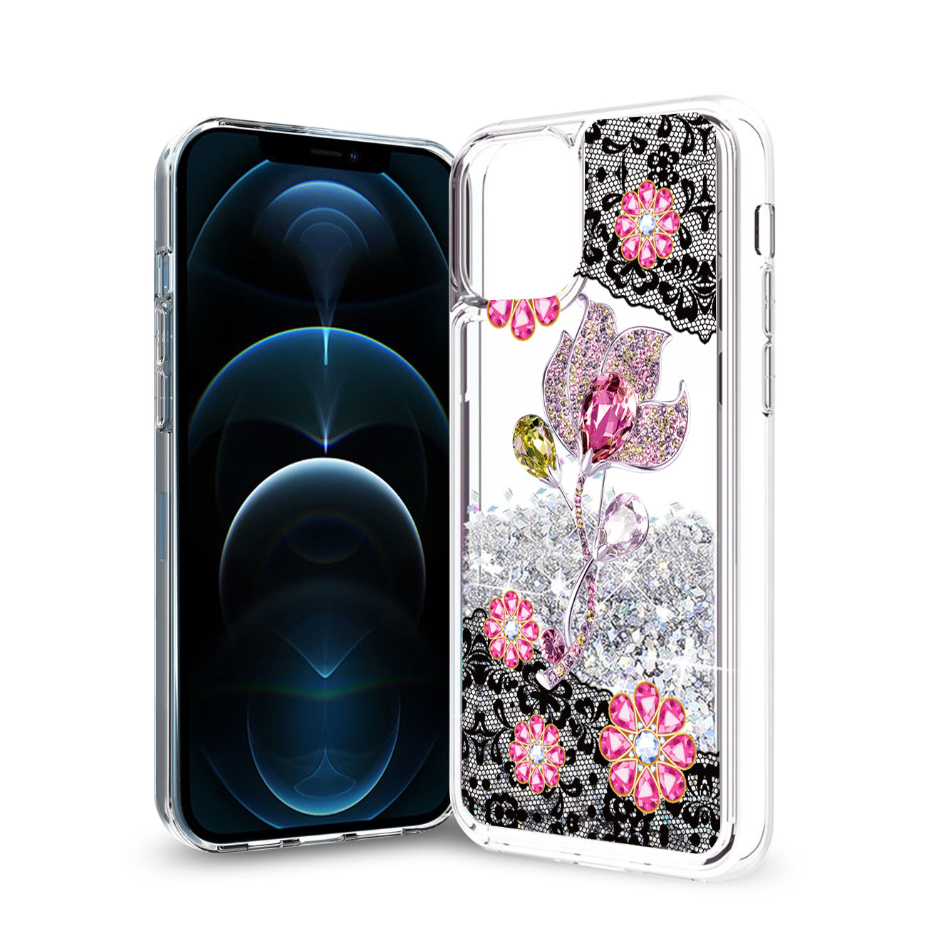 iPhone 12 / 12 Pro Glitter Case Moving Quicksand Silver Floral - Durable & Reliable