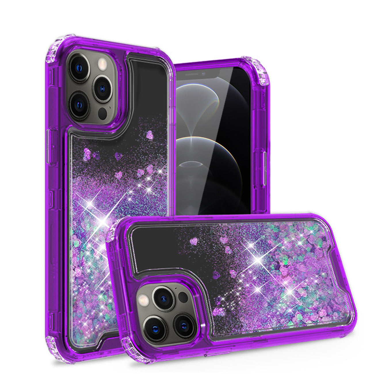 IPHONE 12 Compatible Glitter Case Moving Quicksand In BlackAPPLE IPHONE 12/IPHONE 12 PRO In Purple - Heavy Duty Protection by