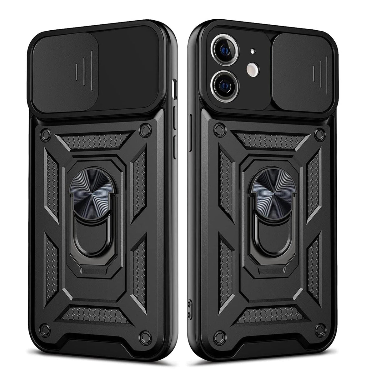 IPHONE 12 Compatible Kickstand Ring Holder with Slide Camera Cover TPU Shockproof Case and Magnetic Car Mount for APPLE IPHONE 12/IPHONE 12 PRO In Black - Heavy Duty Protection by