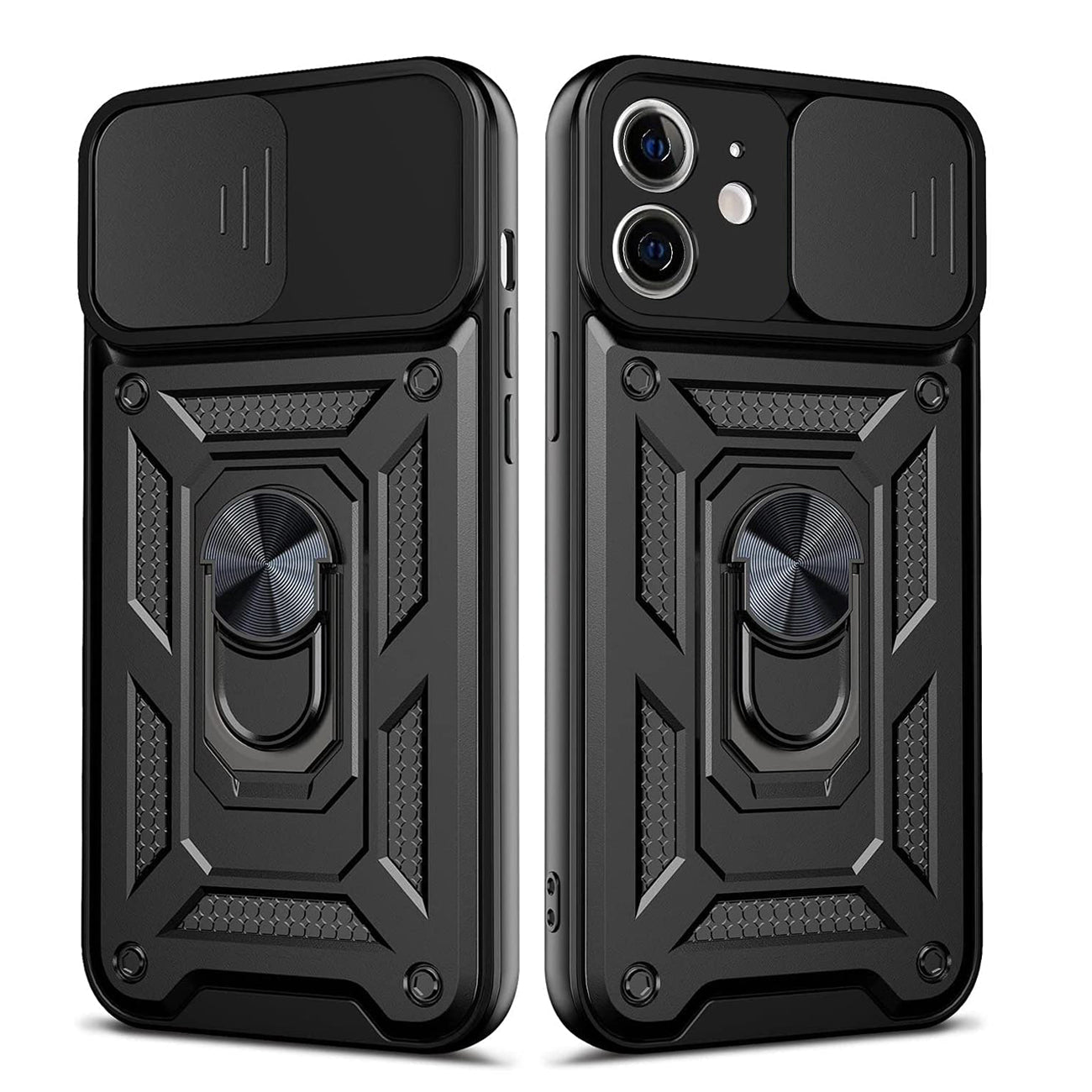 IPHONE 12 Compatible Kickstand Ring Holder with Slide Camera Cover TPU Shockproof Case and Magnetic Car Mount for APPLE IPHONE 12/IPHONE 12 PRO In Black - Heavy Duty Protection by