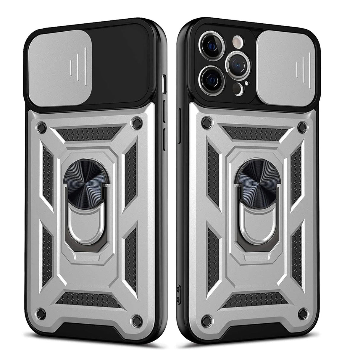 IPHONE 12 PRO Compatible Kickstand Ring Holder with Slide Camera Cover TPU Shockproof Case and Magnetic Car Mount for APPLE IPHONE 12 PRO MAX In Silver - Shockproof Protection by
